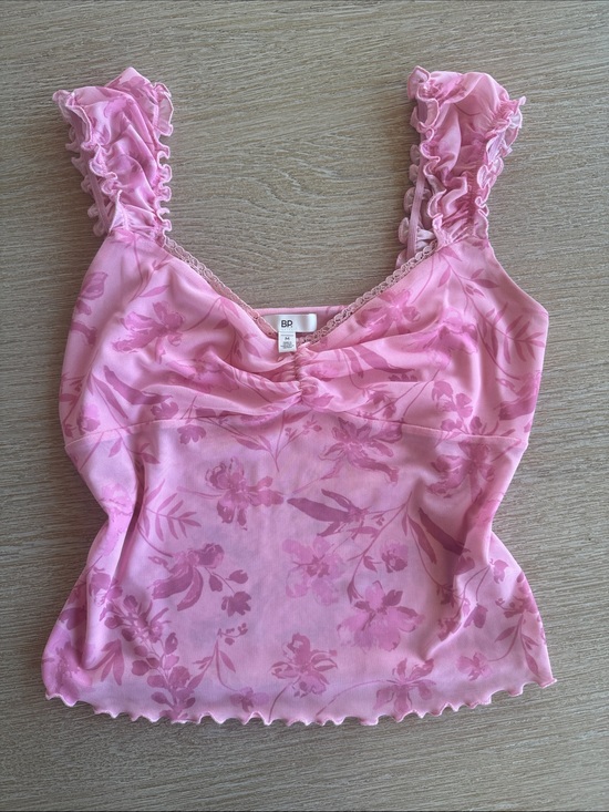 bp Tops - bp Pink Floral mesh Ruffle Strap Camisole